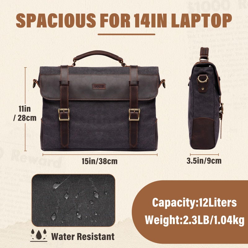 VASCHY Vintage Canvas Leather Messenger Bag School Shoulder Bag Business Briefcase Satchel Gray - Image 2